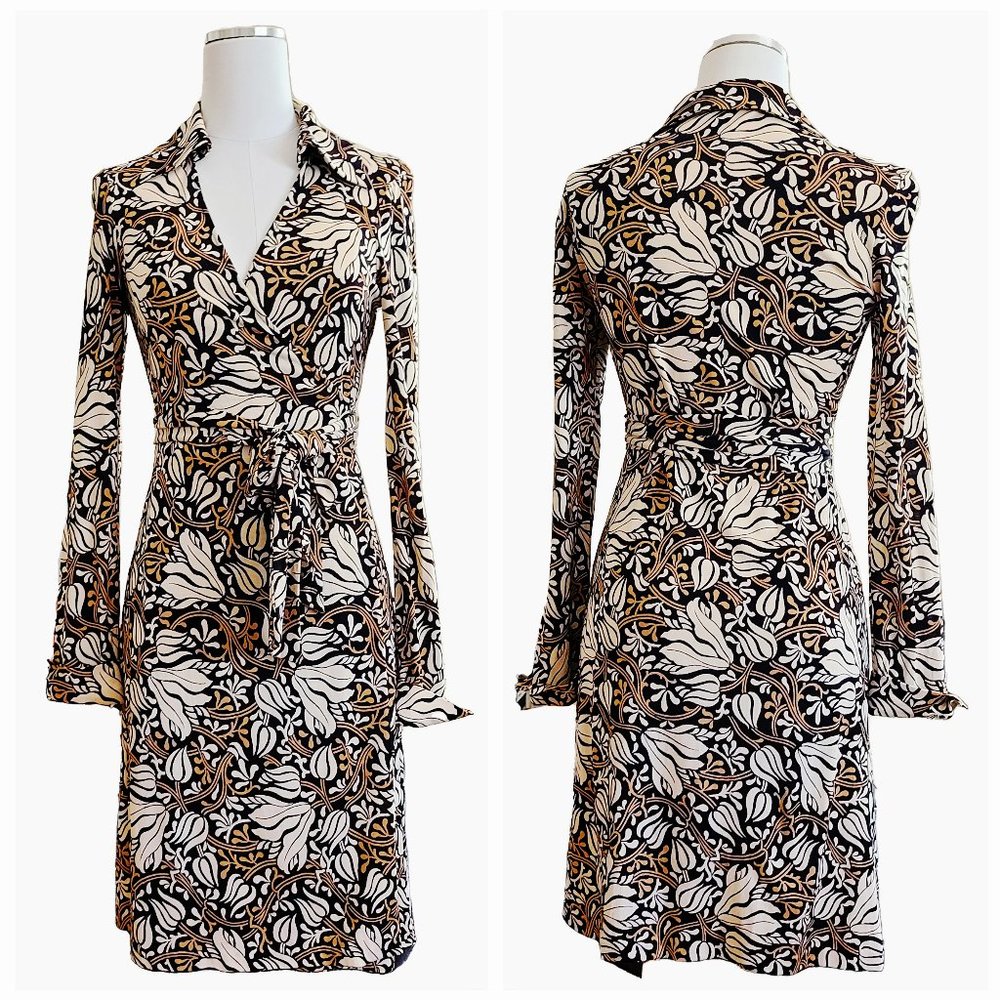 Vintage DVF Wrap dress long-sleeved 100% silk floral art nouveau print